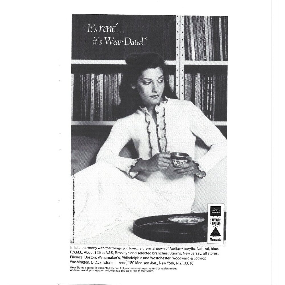 Rene Wear Dated Thermal Gown Ruffled Trim Vintage Print AD 1970s